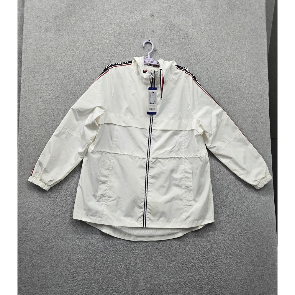 Tommy Hilfiger Women Coat L White Rain Coat Logo Full Zip Hooded Pockets NWT